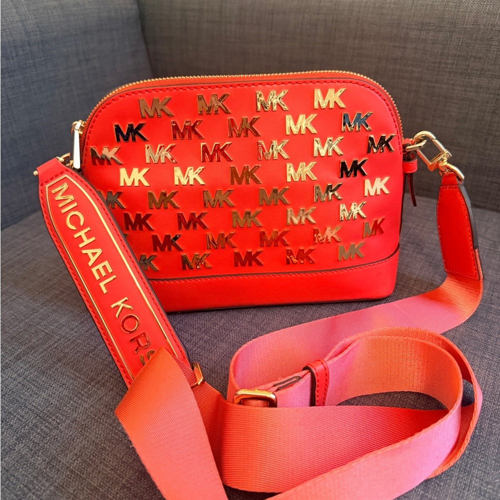 Michael Kors Red MK Monogram Crossbody with Gold Hardware